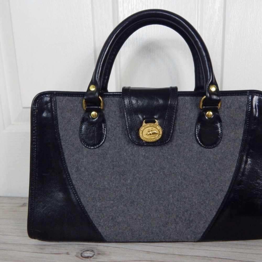 Brahmin vintage black leather gray wool handbag